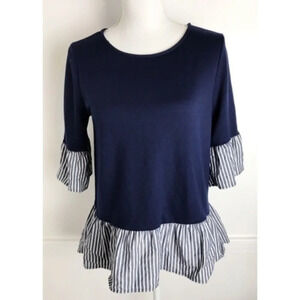 Pleione • Navy Seersucker Stripe Peplum Blouse
